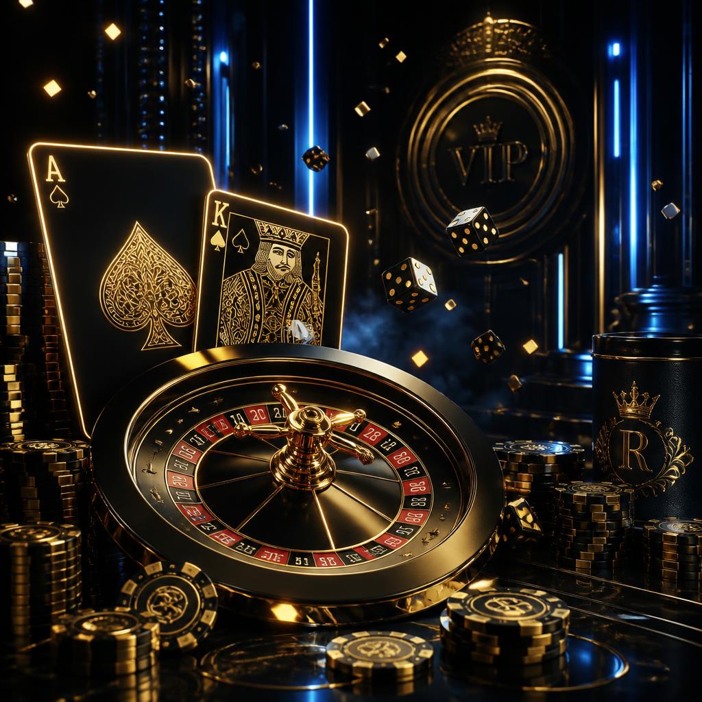 Luxury casino scene with golden roulette, playing cards and chips